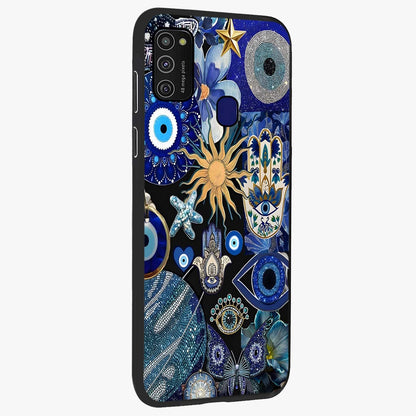 Evil Eye Charm Mix Glass Case upright view showcasing mystical evil eye pattern with vibrant decorative style.