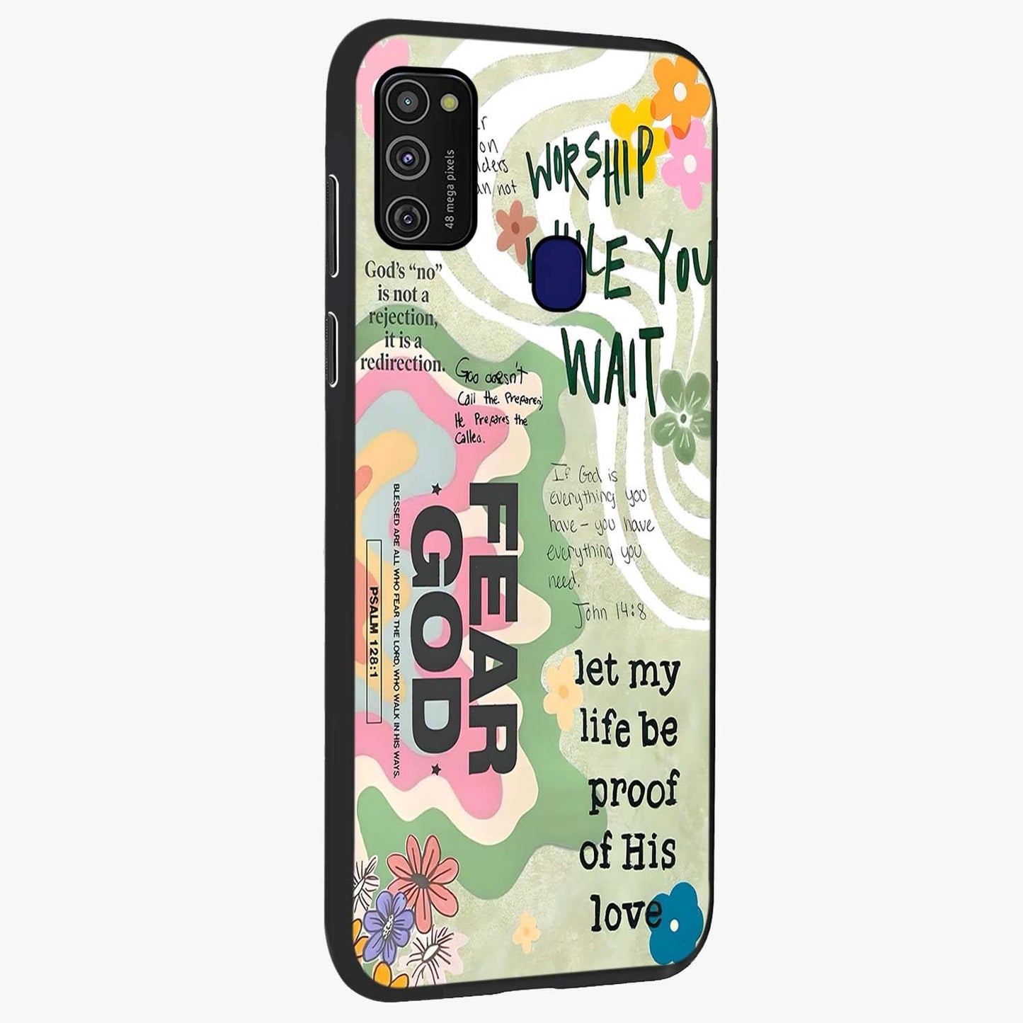 Faith Over Fear Glass Case upright view showcasing bold typography artwork with uplifting motivational theme.
