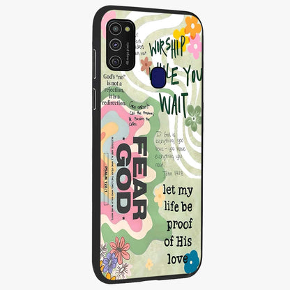 Faith Over Fear Glass Case upright view showcasing bold typography artwork with uplifting motivational theme.