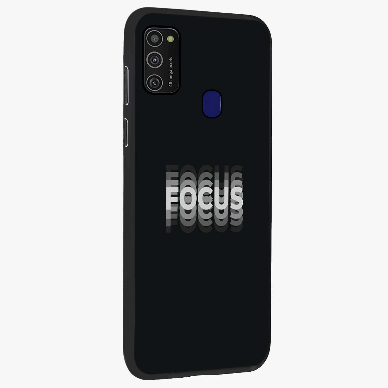 Focus Mode On Glass Case upright view showcasing strong typography statement with sleek motivational theme.