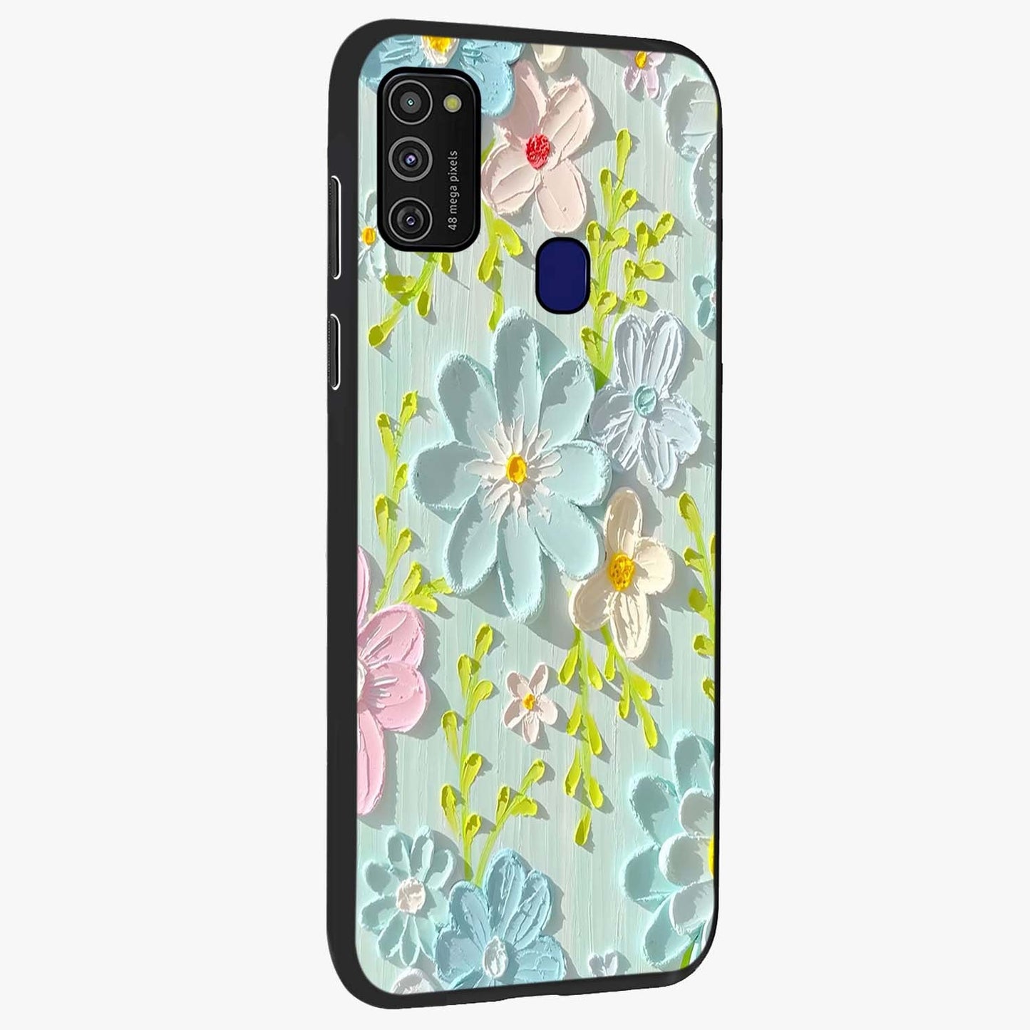 Frosted Petal Garden Glass Case upright view showcasing elegant floral garden artwork with soothing pastel theme.
