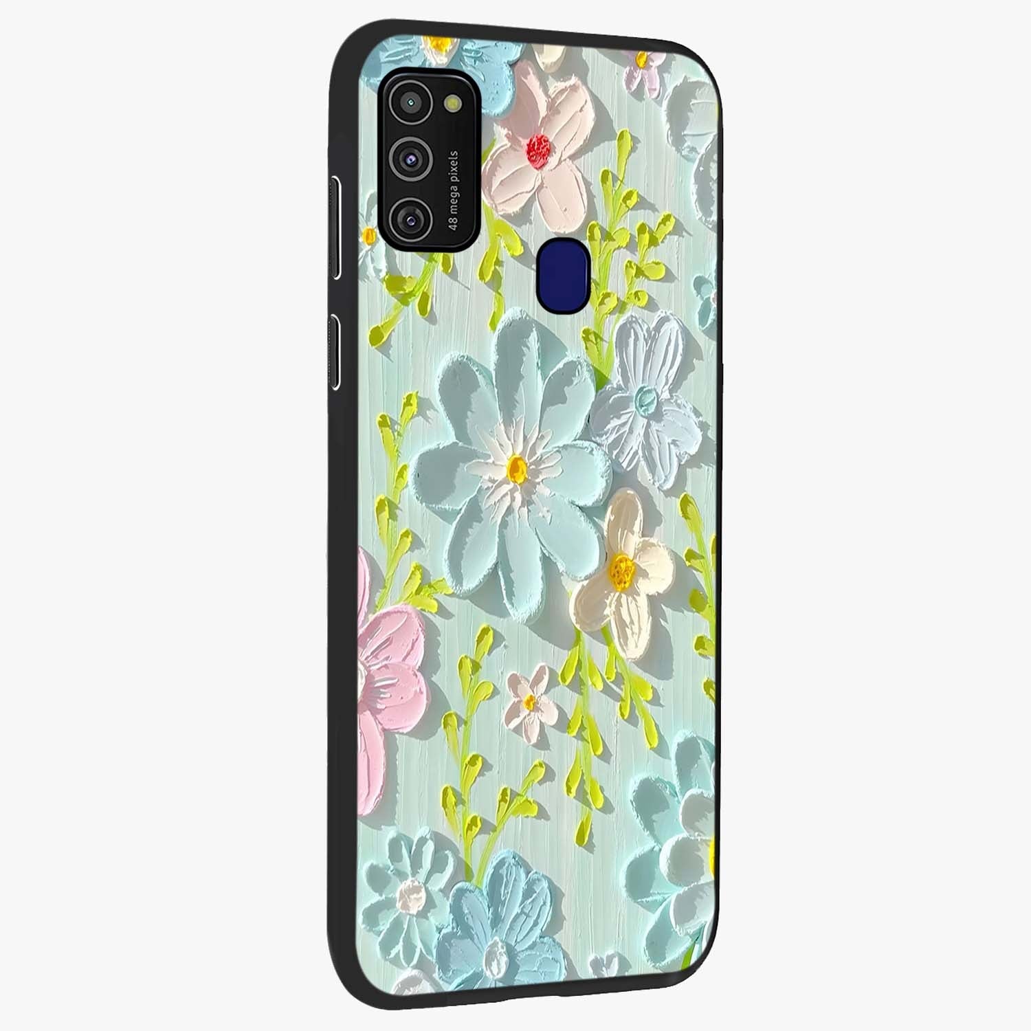 Frosted Petal Garden Glass Case upright view showcasing elegant floral garden artwork with soothing pastel theme.