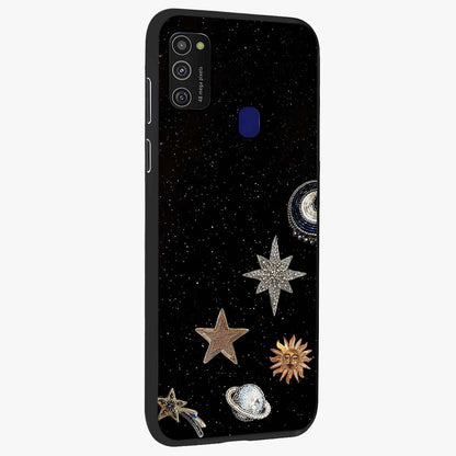 Galactic Charm Glow Glass Case upright view showcasing glowing cosmic charm artwork with magical celestial style.