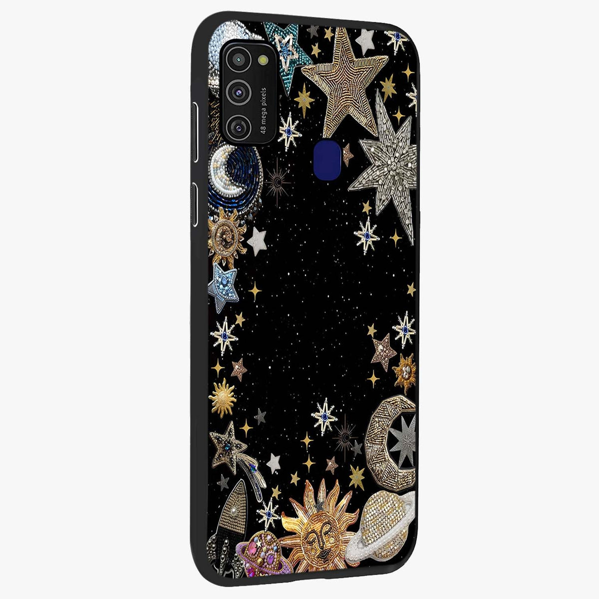 Galactic Jewel Stars Glass Case upright view showcasing glittering star jewel artwork with vibrant galaxy theme.