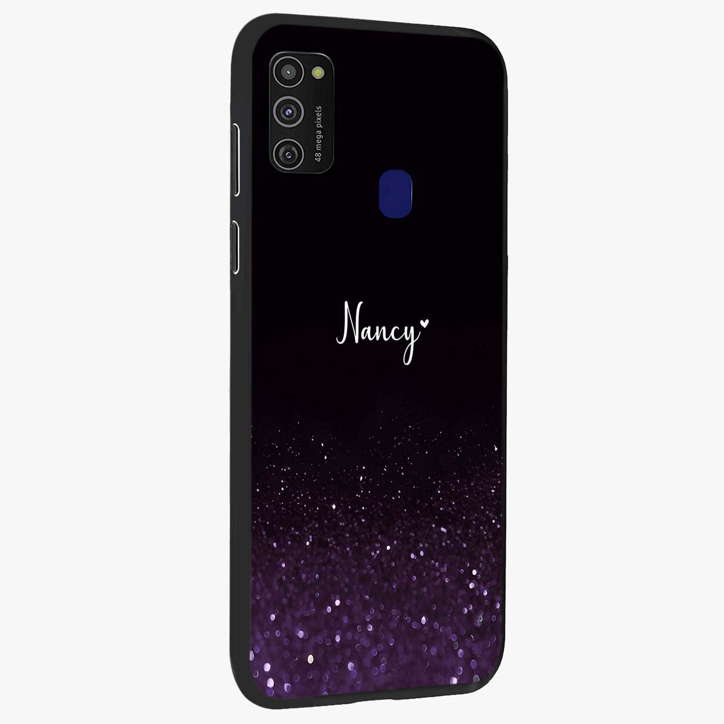 Glittery Purple Bokeh Custom Name Glass Case upright view showcasing vibrant purple sparkle artwork with personalized aesthetic style.