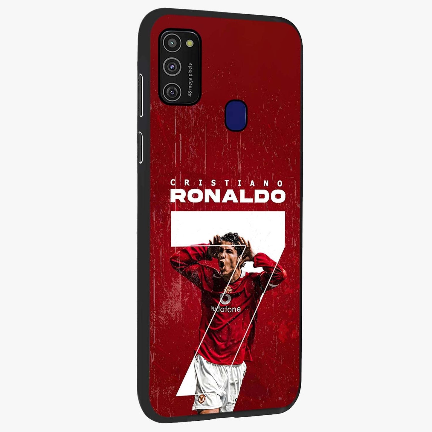 Goal Celebration Legacy Glass Case upright view showcasing dynamic football inspired artwork with victory celebration aesthetic.