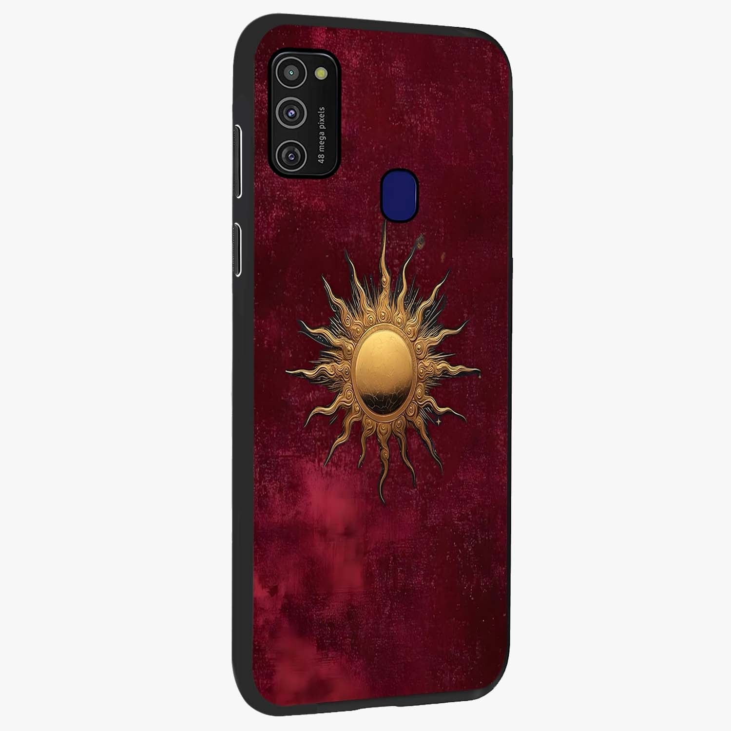 Golden Sun Minimalism Glass Case upright view showcasing simple golden sun artwork with elegant minimalist style.