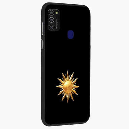 Golden Sun Minimalism Glass Case upright view showcasing haunting graveyard artwork with dramatic dark theme.