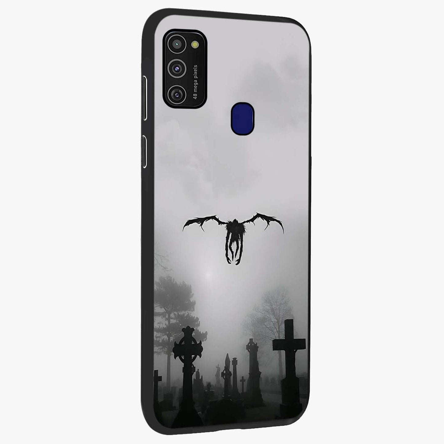 Graveyard Shadow Descent Glass Case upright view showcasing haunting graveyard artwork with dramatic dark theme.