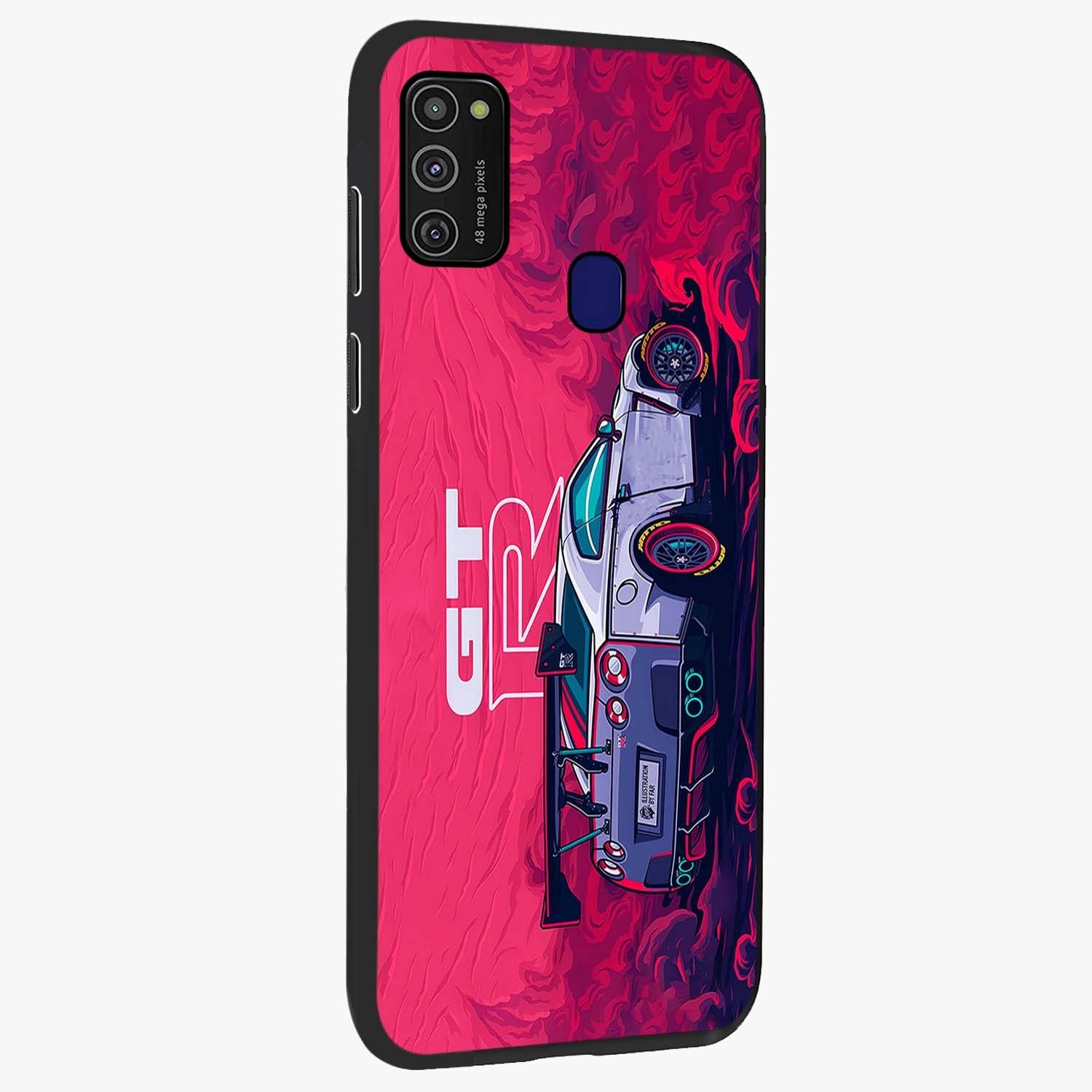 GT-R Car Pattern Glass Case upright view showcasing dynamic car pattern artwork with modern sports theme.