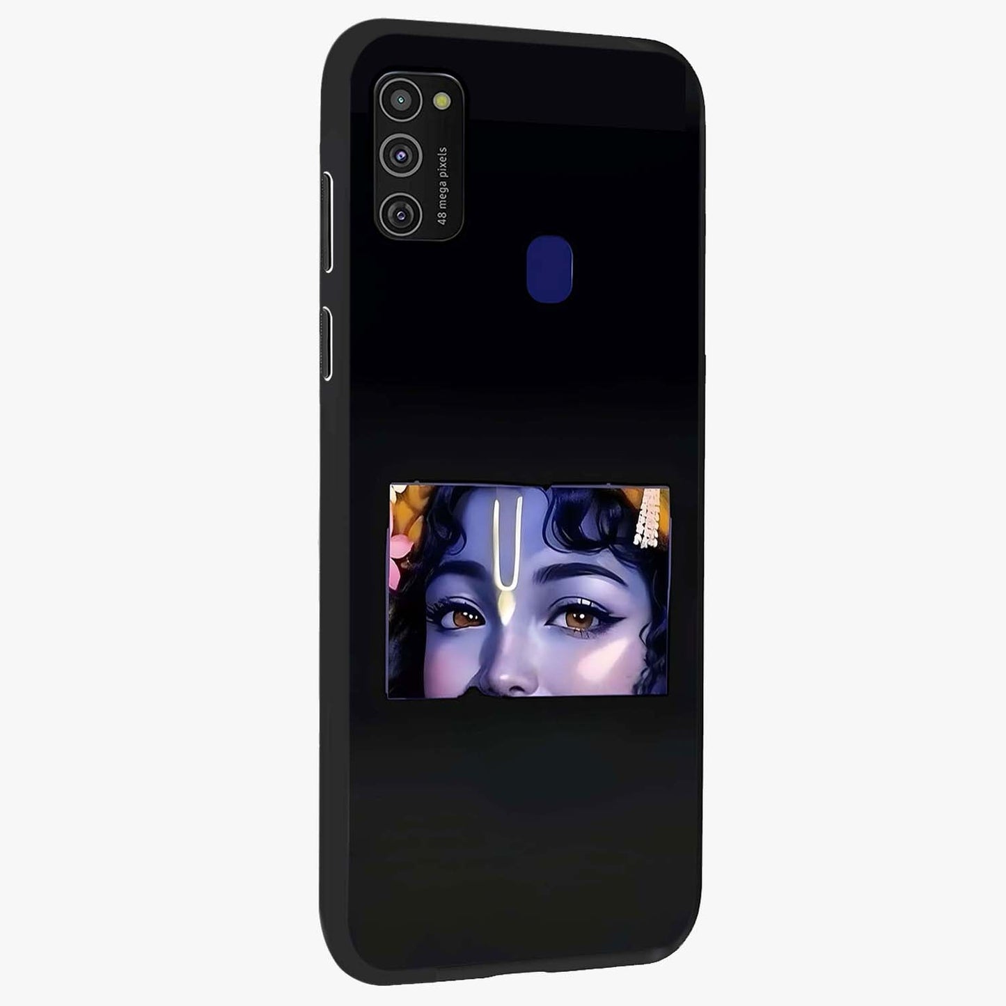 Krishna Divine Embrace Glass Case upright view showcasing sacred Krishna artwork with peaceful devotional theme.