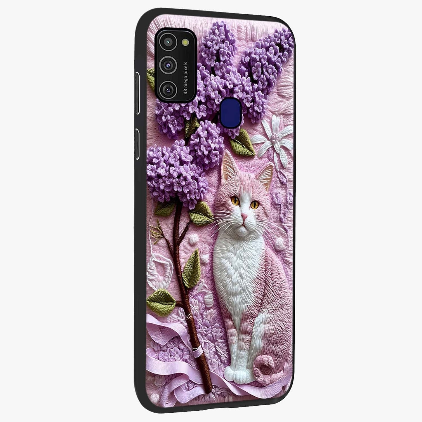 Lavender Cat Whimsy Glass Case upright view showcasing charming cat artwork with whimsical lavender theme.