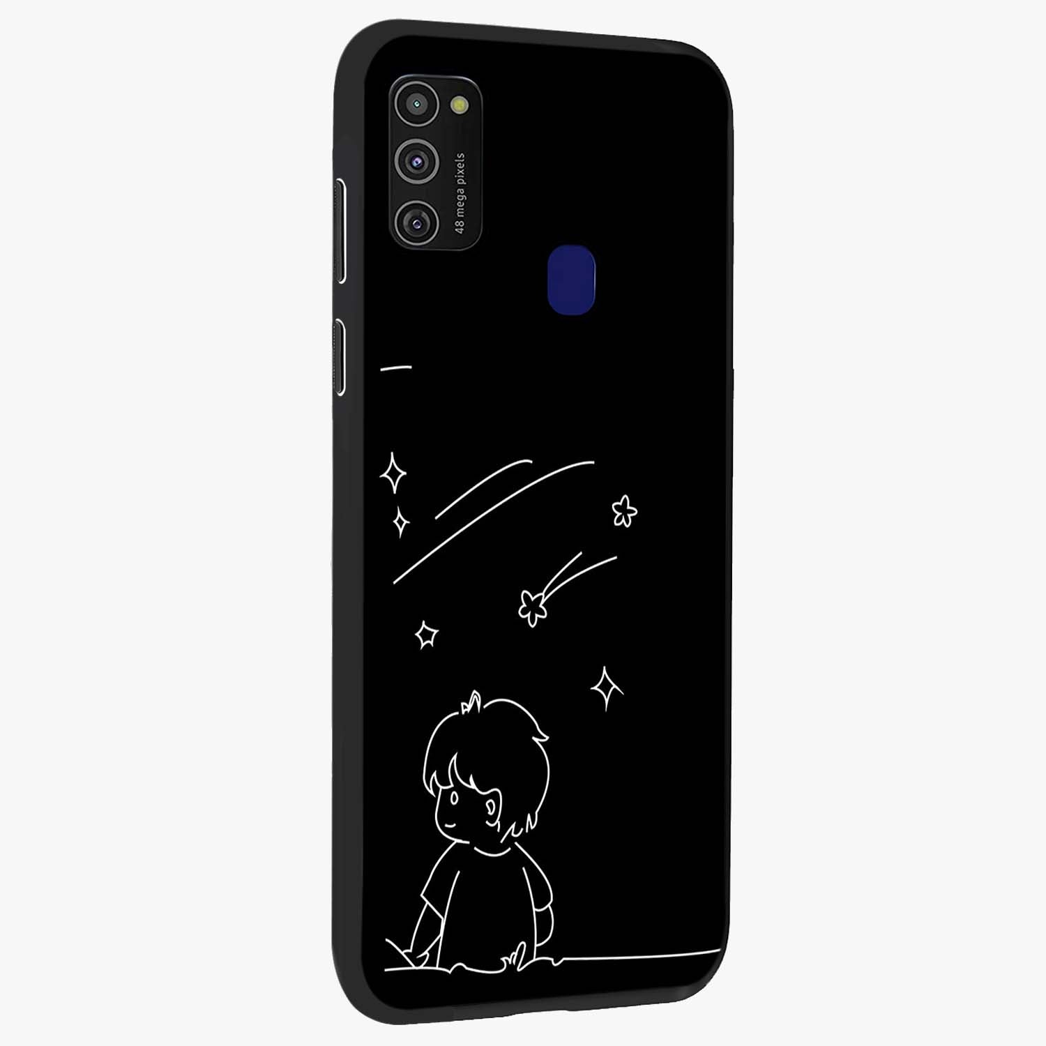 Line Art Boy With Shooting Stars Glass Case upright view showcasing artistic shooting star illustration with minimal style.