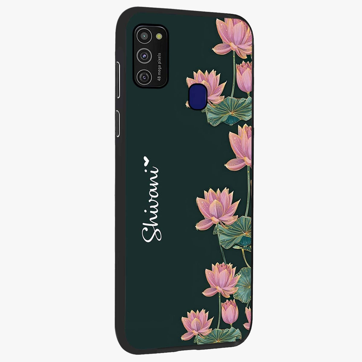 Lotus Bloom Serenity Custom Name Glass Case upright view showcasing serene lotus bloom artwork with personalized floral aesthetic.