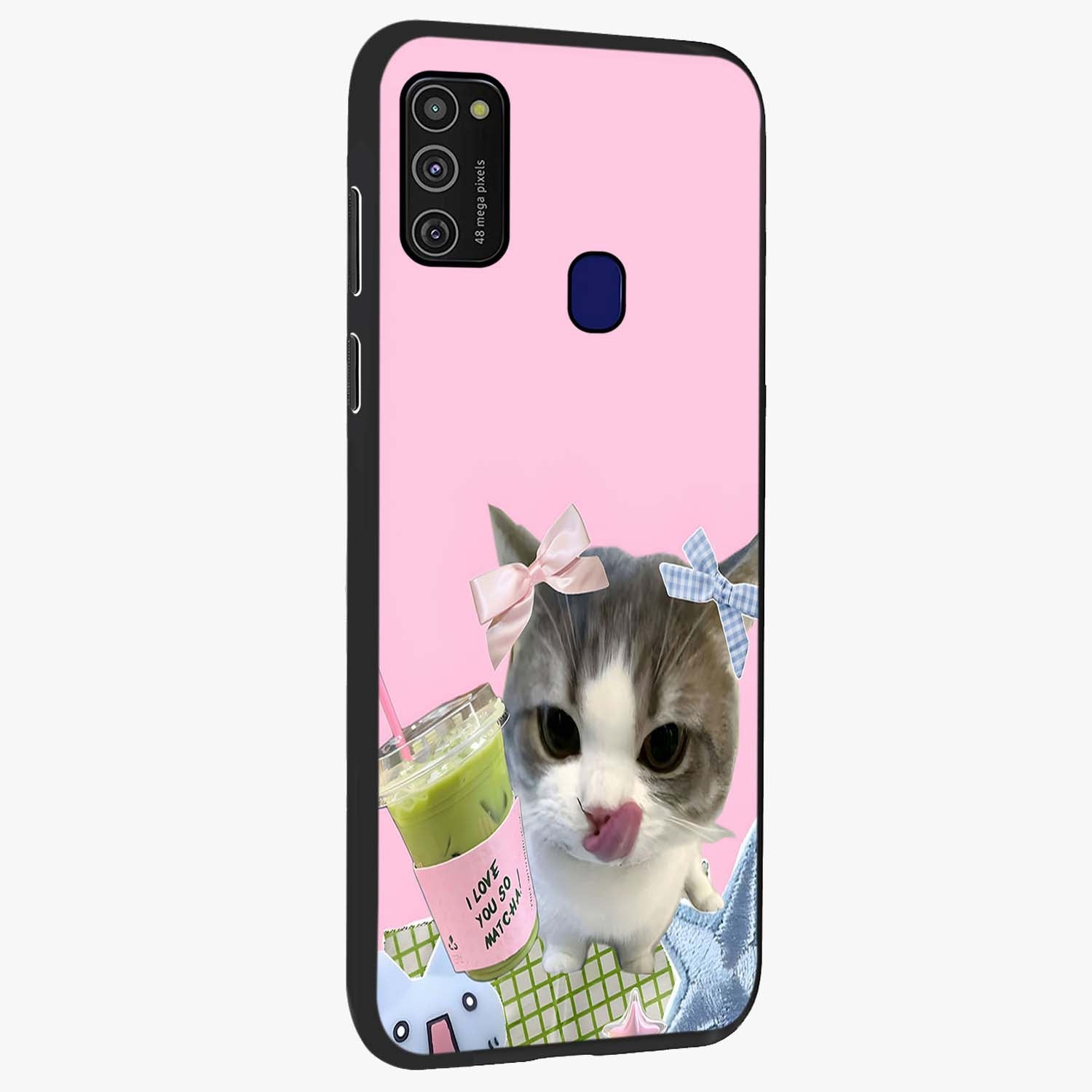 Love Matcha Cat Glass Case upright view showcasing adorable cat artwork with charming matcha themed design.