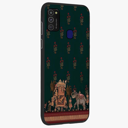 Macmerise Glass Case upright view showcasing bold artistic artwork with contemporary design theme.