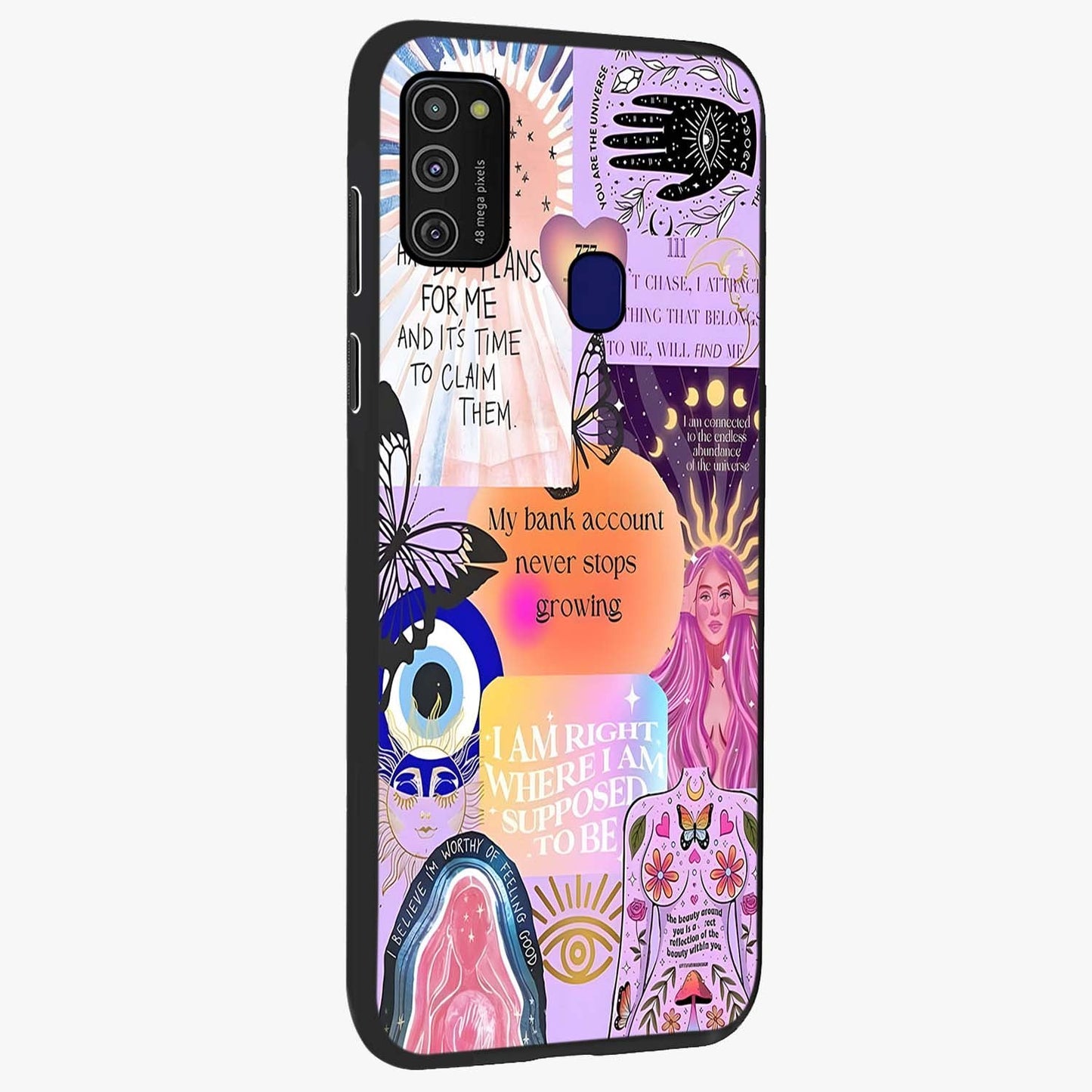 Manifestation Collage Glass Case upright view showcasing artistic manifestation themed artwork with creative style.