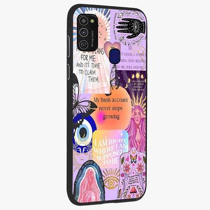 Manifestation Collage Glass Case upright view showcasing artistic manifestation themed artwork with creative style.