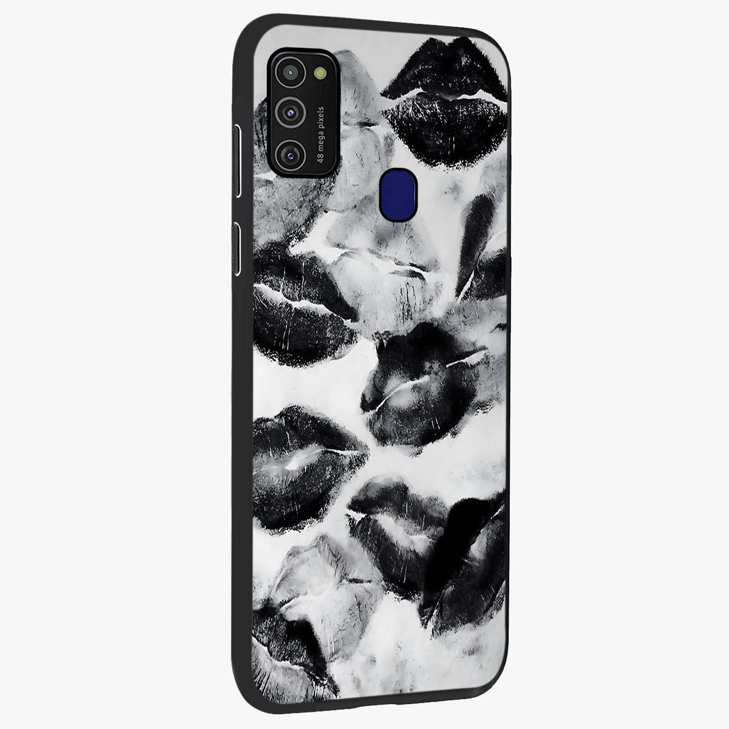 Midnight Kiss Marks Glass Case upright view showcasing stylish kiss mark artwork with trendy romantic theme.