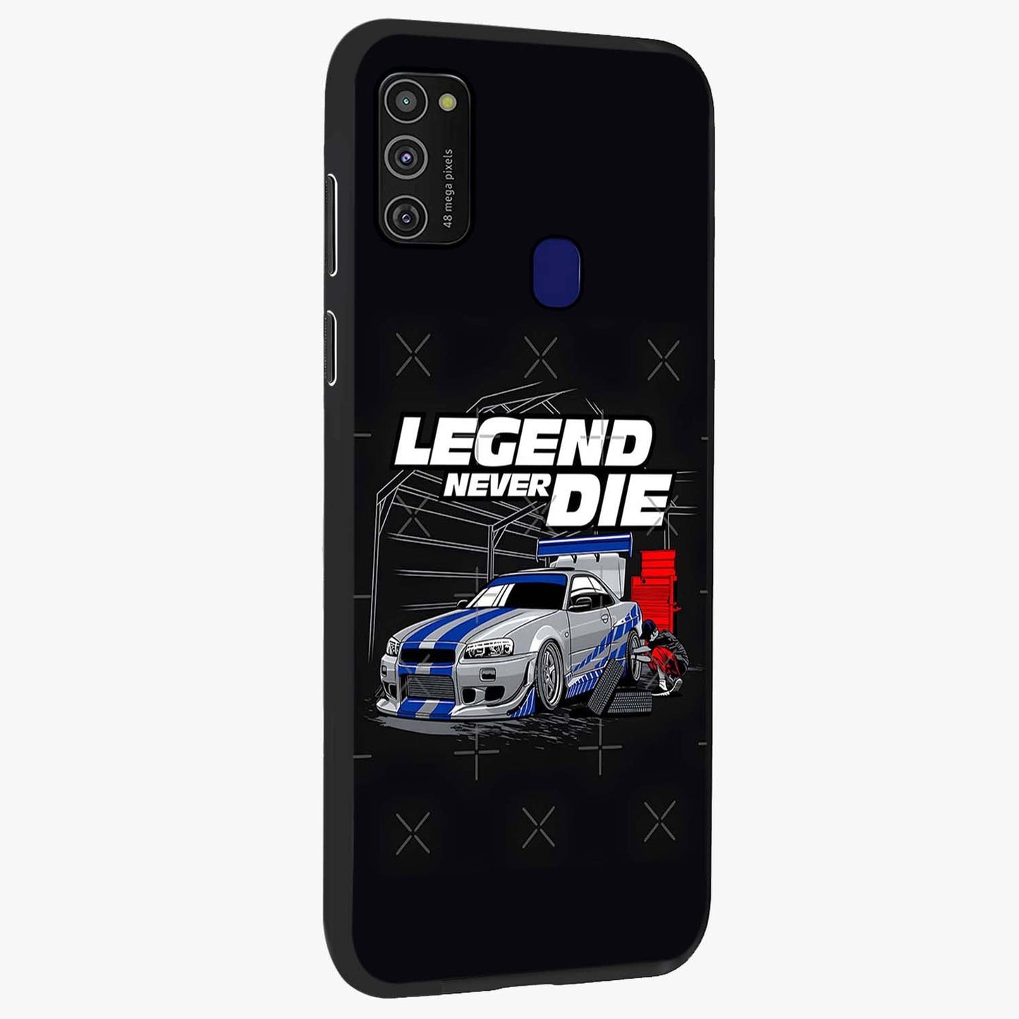 Midnight Racing Legacy Glass Case upright view showcasing powerful racing artwork with modern sports theme.