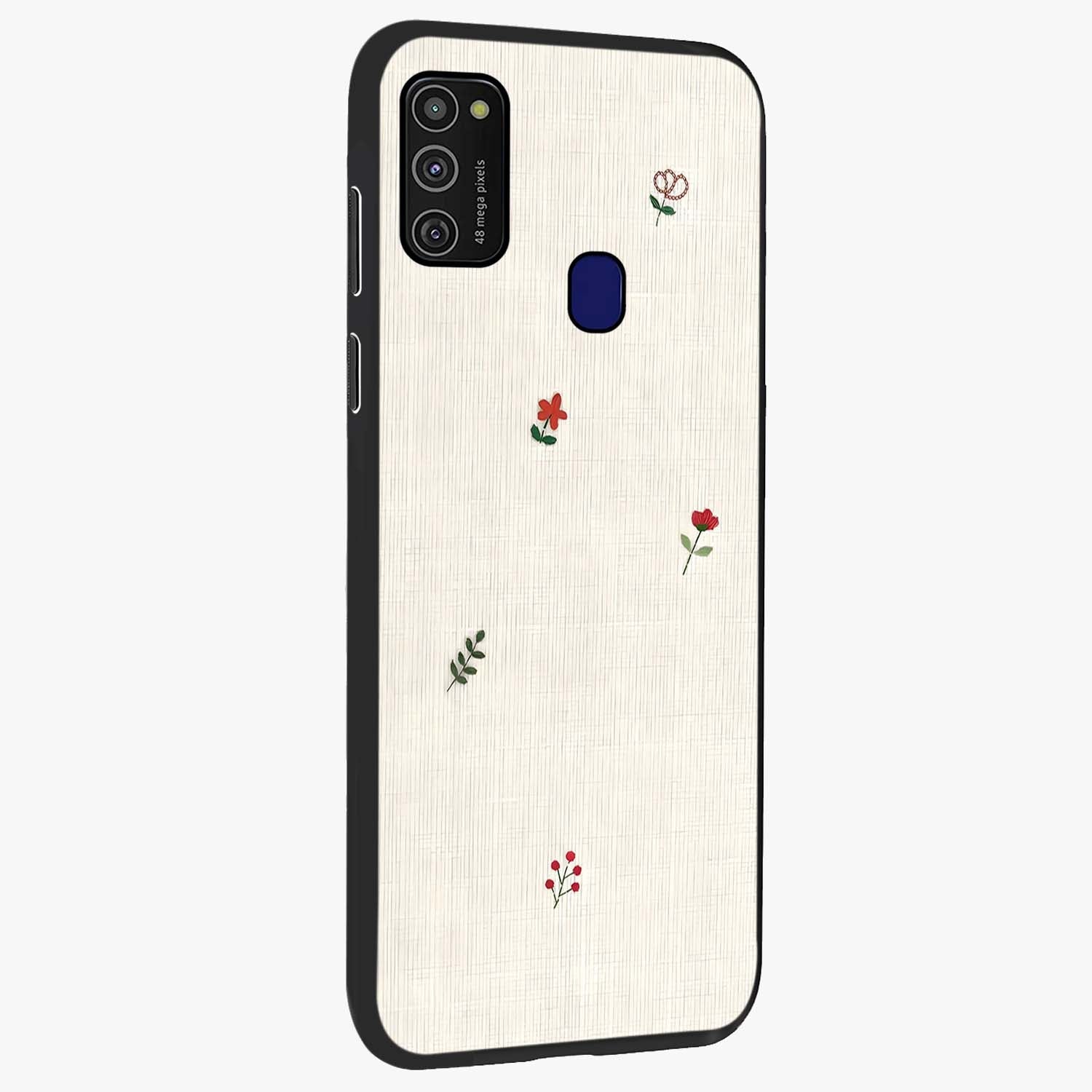 Minimalistic Blue With White Flower Pattern Glass Case upright view showcasing clean white flower artwork with calming blue theme.