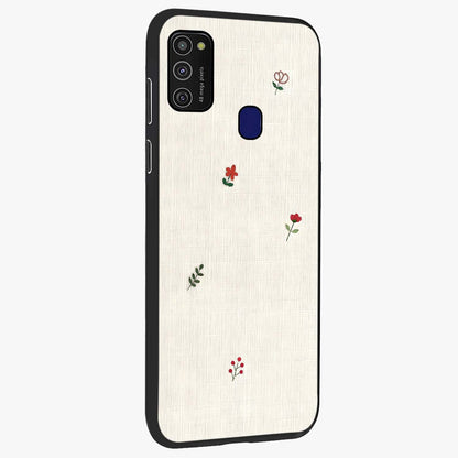 Minimalistic Blue With White Flower Pattern Glass Case upright view showcasing clean white flower artwork with calming blue theme.