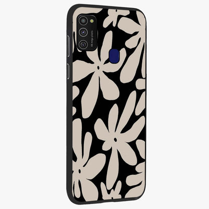 Monochrome Petal Dance Glass Case upright view showcasing artistic floral pattern with stylish monochrome theme.