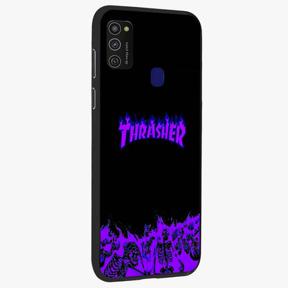 Neon Flame Riot Glass Case upright view showcasing dynamic flame artwork with energetic neon theme.