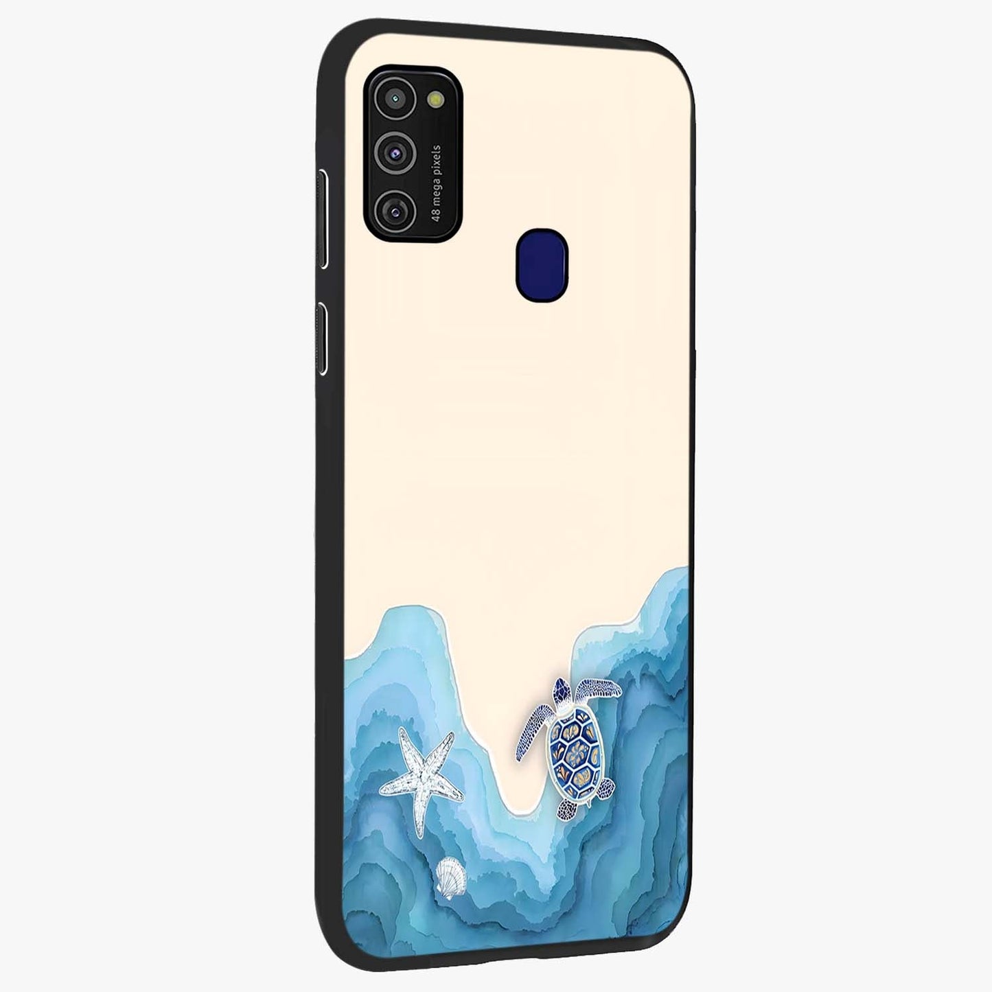 Ocean Drift Turtle Glass Case upright view showcasing calm underwater turtle artwork with nature inspired theme.