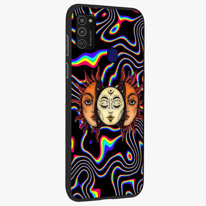 Psychedelic Sun Glass Case upright view showcasing trippy sun artwork with bold psychedelic theme.