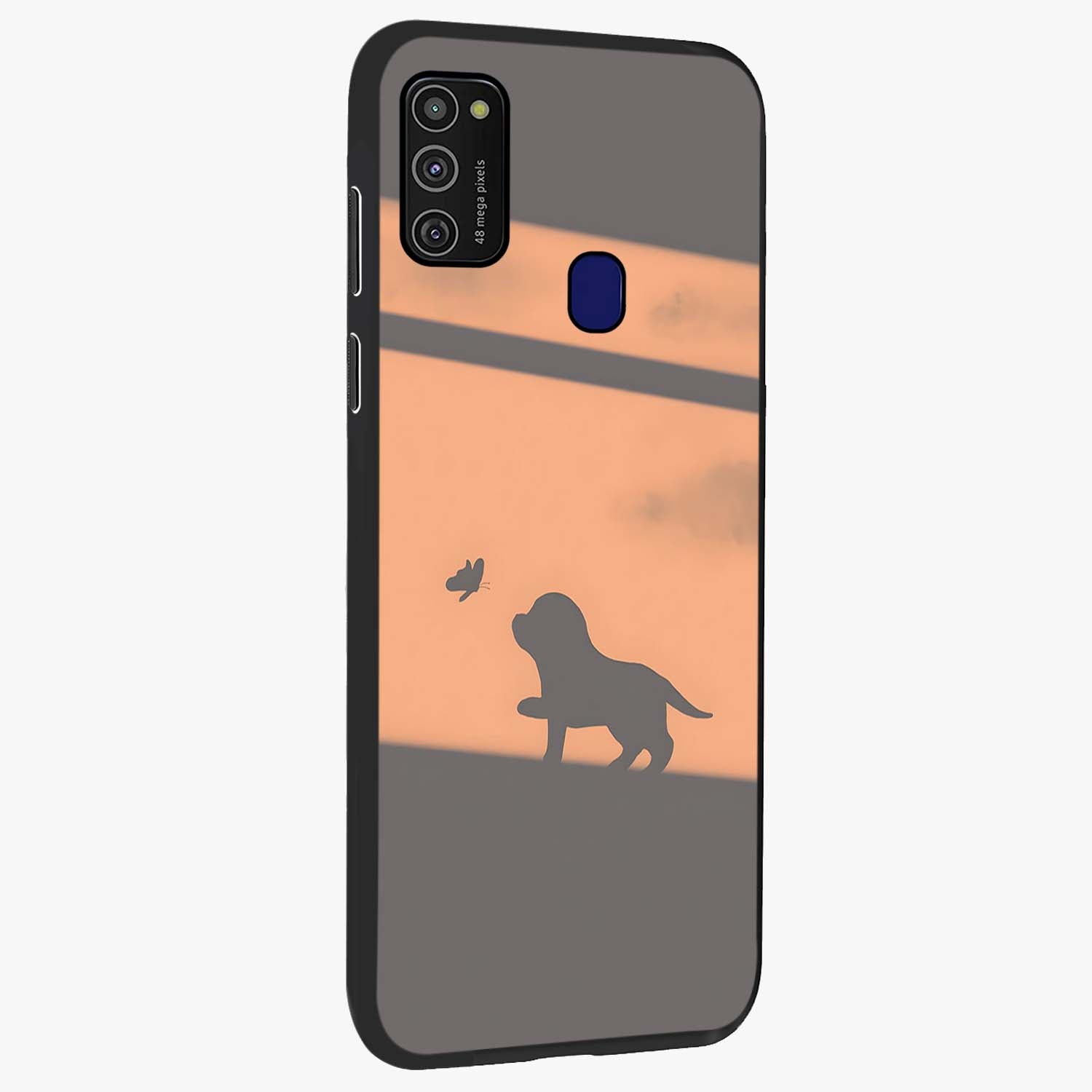 Puppy Shadow Art Glass Case upright view showcasing charming puppy artwork with creative silhouette theme.