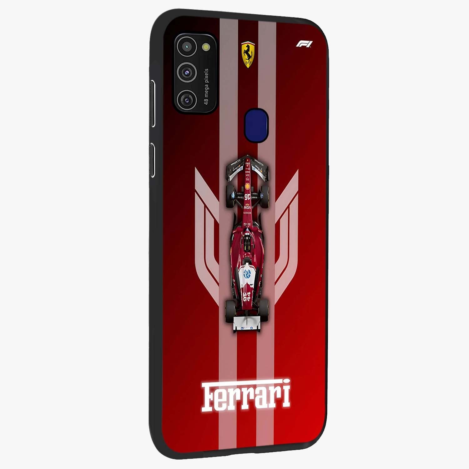 Red Ferrari F1 Vertical Glass Case upright view showcasing powerful Formula car artwork with dynamic motorsport theme.