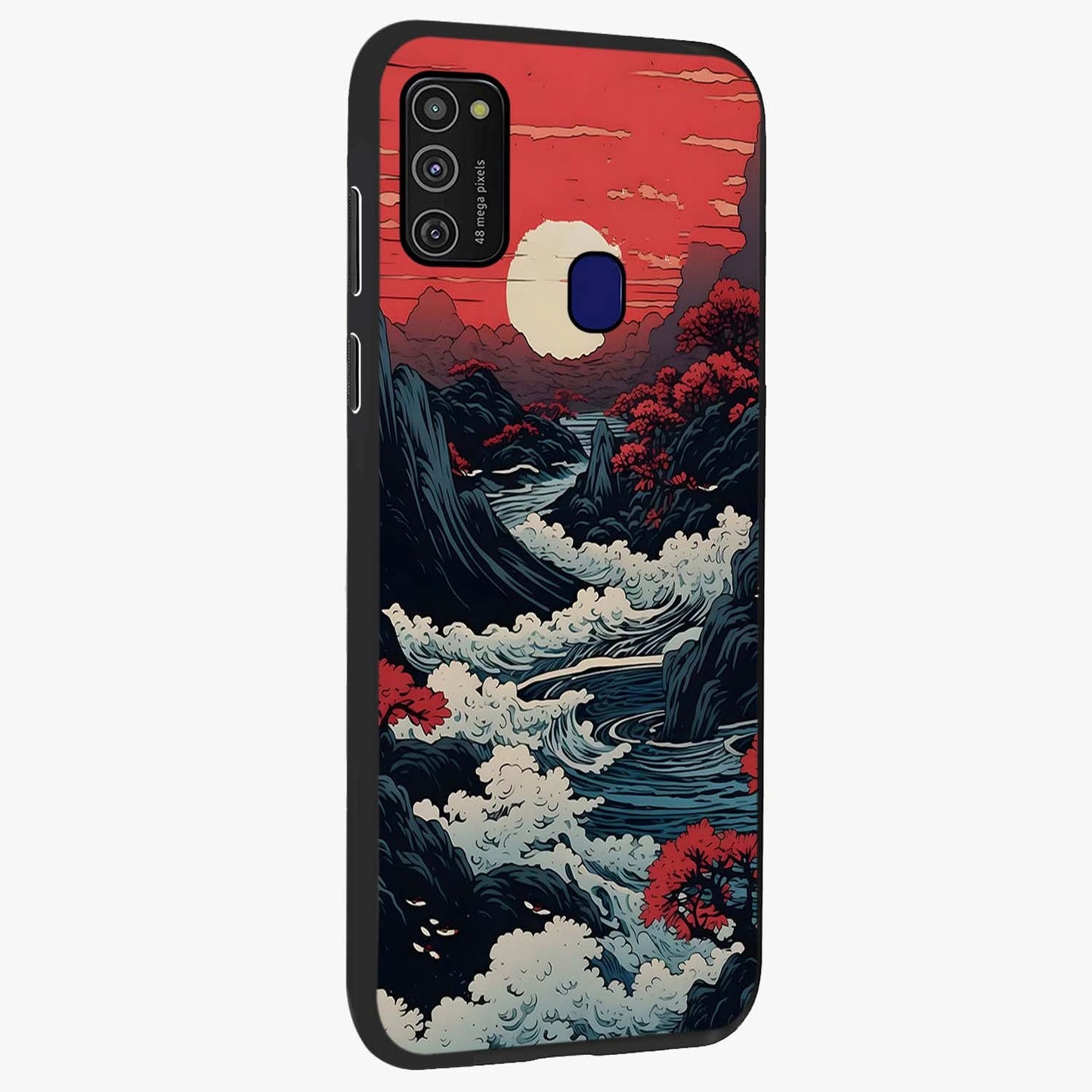 Red Sunset Scenery Glass Case upright view showcasing dramatic sunset scenery artwork with warm nature theme.