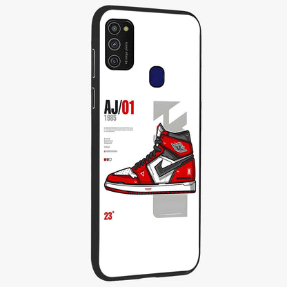 Retro Sneaker Blueprint Glass Case upright view showcasing stylish sneaker illustration with vintage streetwear theme.