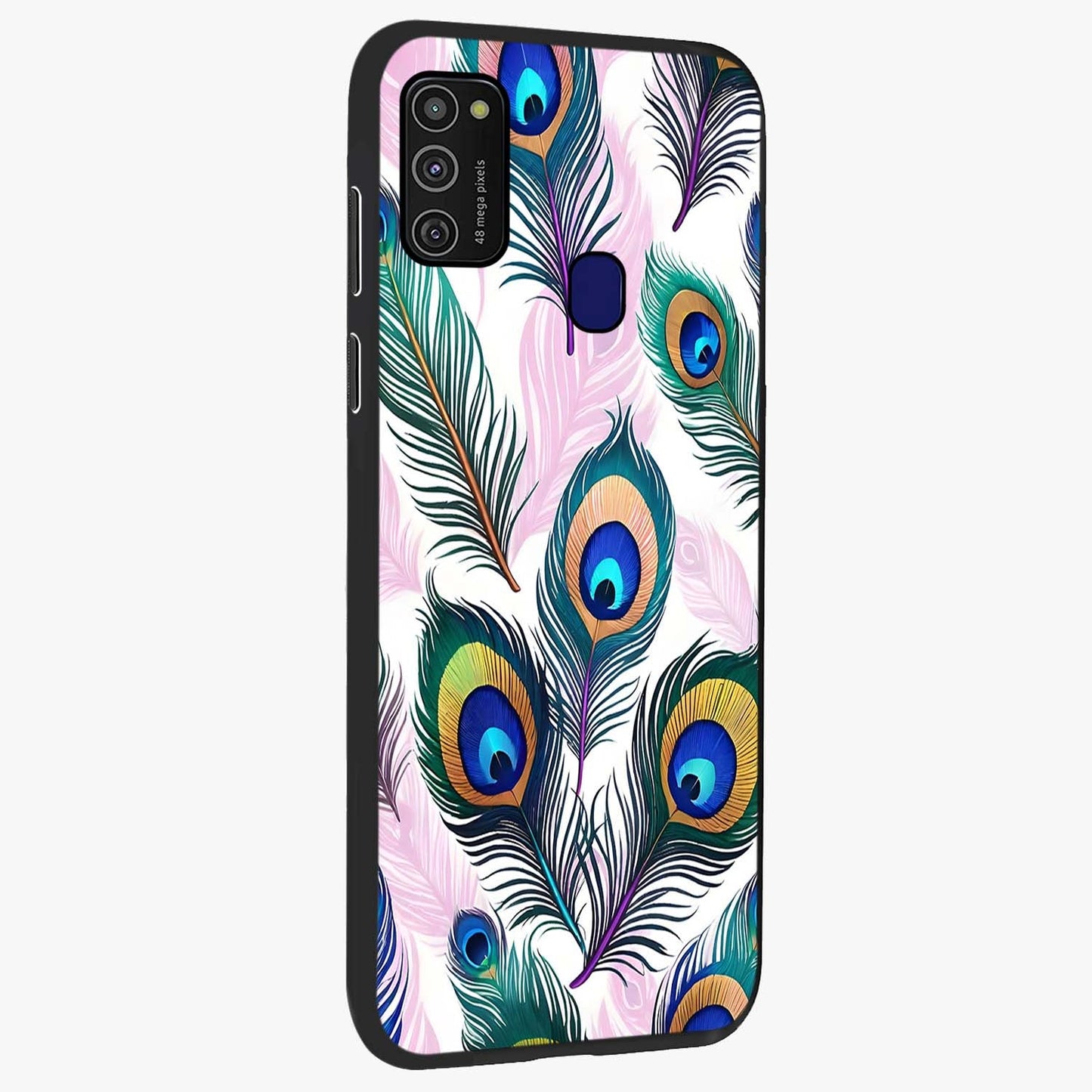 Royal Peacock Feathers Glass Case upright view showcasing elegant peacock feather artwork with decorative royal theme.