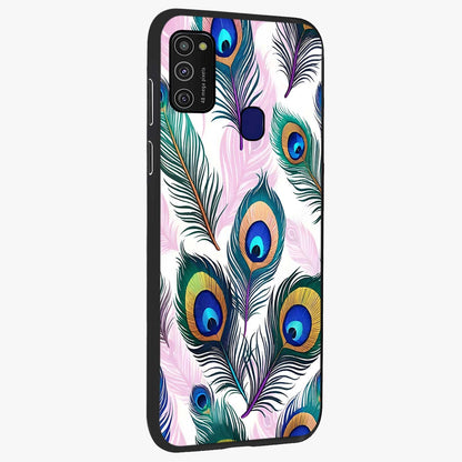 Royal Peacock Feathers Glass Case upright view showcasing elegant peacock feather artwork with decorative royal theme.