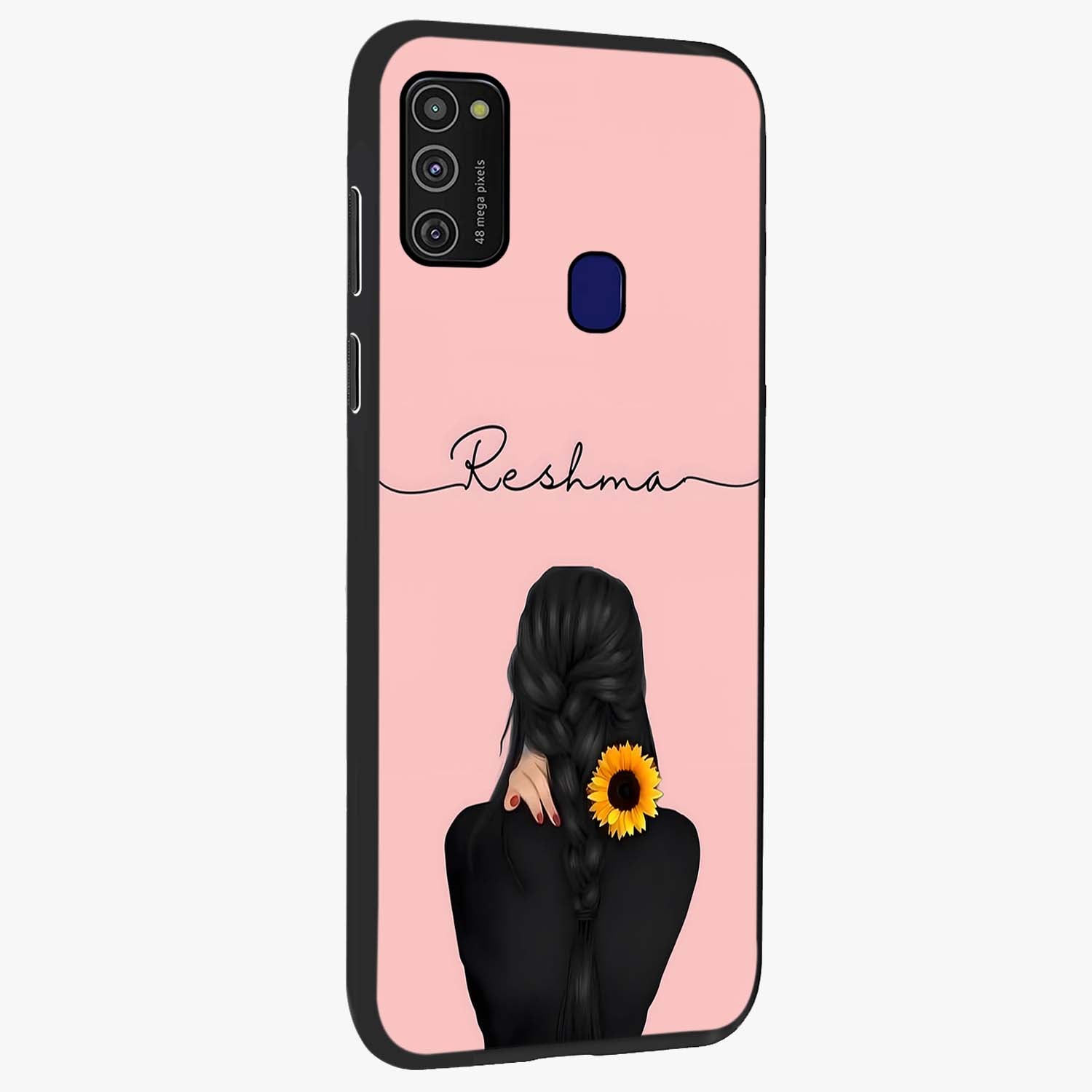 Sunflower Braid Beauty With Custom Name Glass Case upright view showcasing bright sunflower artwork with personalized floral aesthetic.