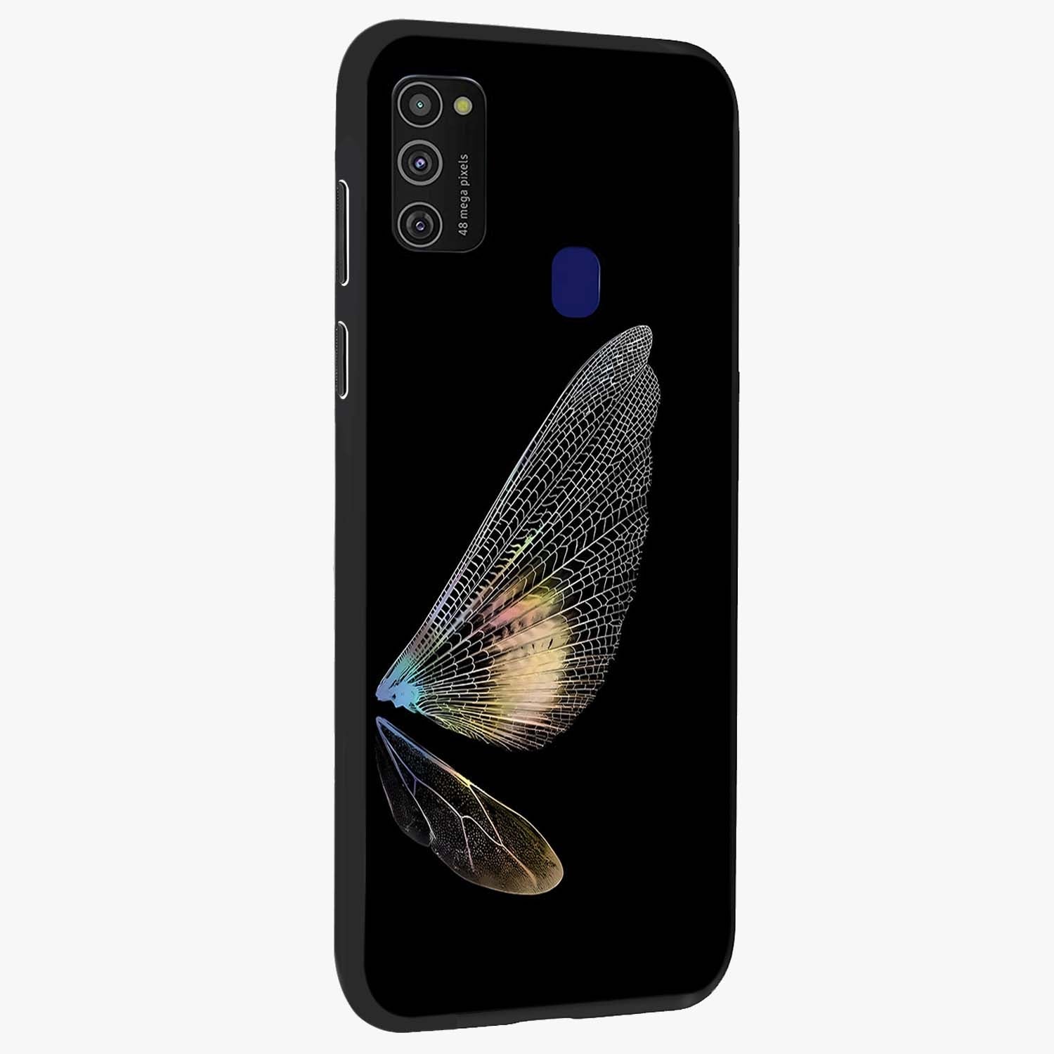 Whispers Of Wings Glass Case upright view showcasing elegant wing artwork with light airy theme.