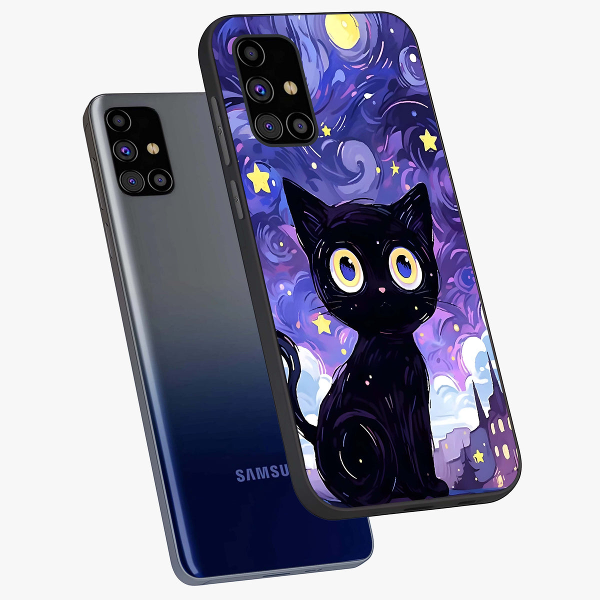 Abstract Cat Art Glass Case displayed in angled mockup highlighting modern abstract cat artwork and sleek glass surface.