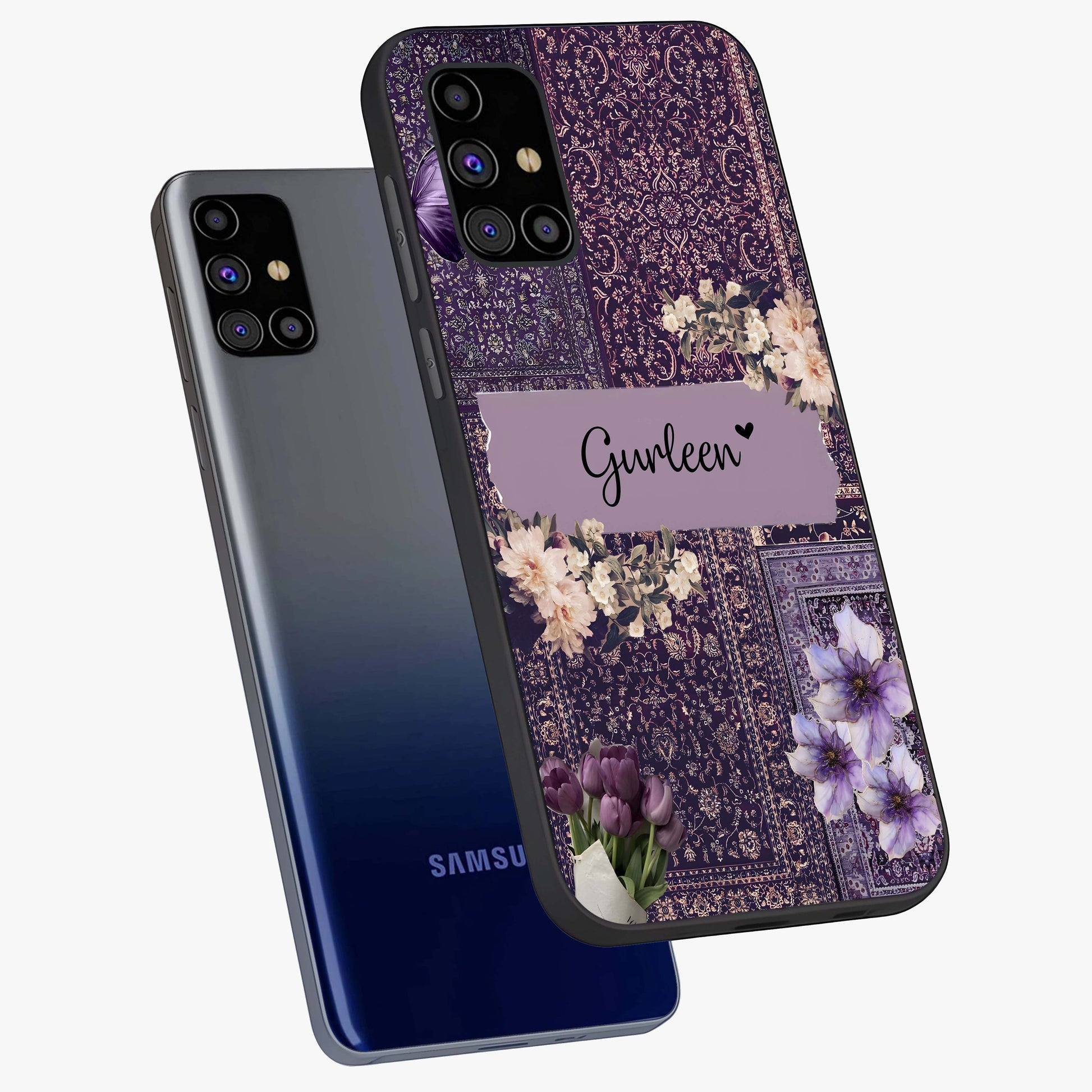 Antique Floral Whisper Custom Name Glass Case displayed in angled mockup highlighting elegant antique floral aesthetic.