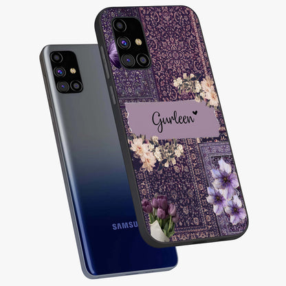 Antique Floral Whisper Custom Name Glass Case displayed in angled mockup highlighting elegant antique floral aesthetic.