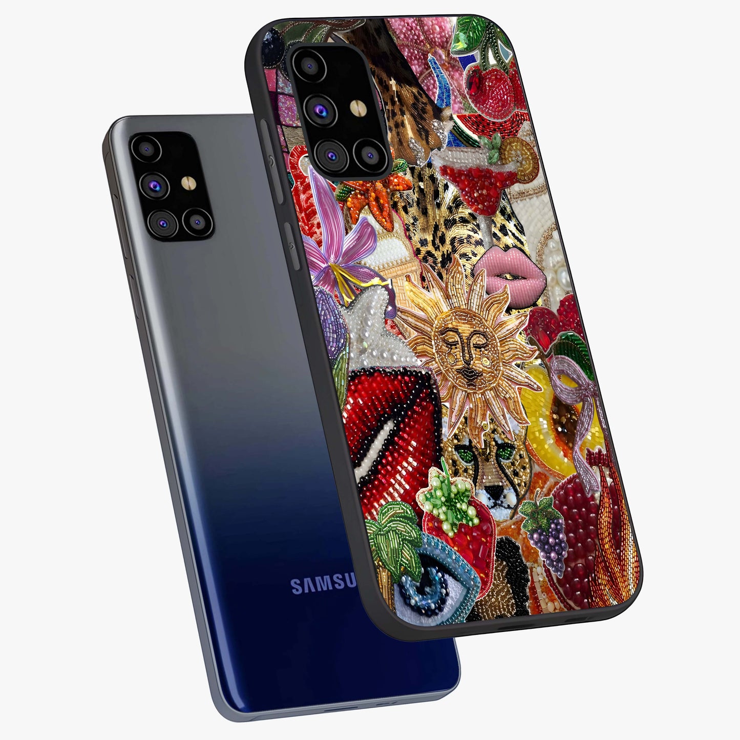 Beaded Fashion Jungle Glass Case displayed in angled mockup highlighting colorful fashion bead design and artistic pattern.
