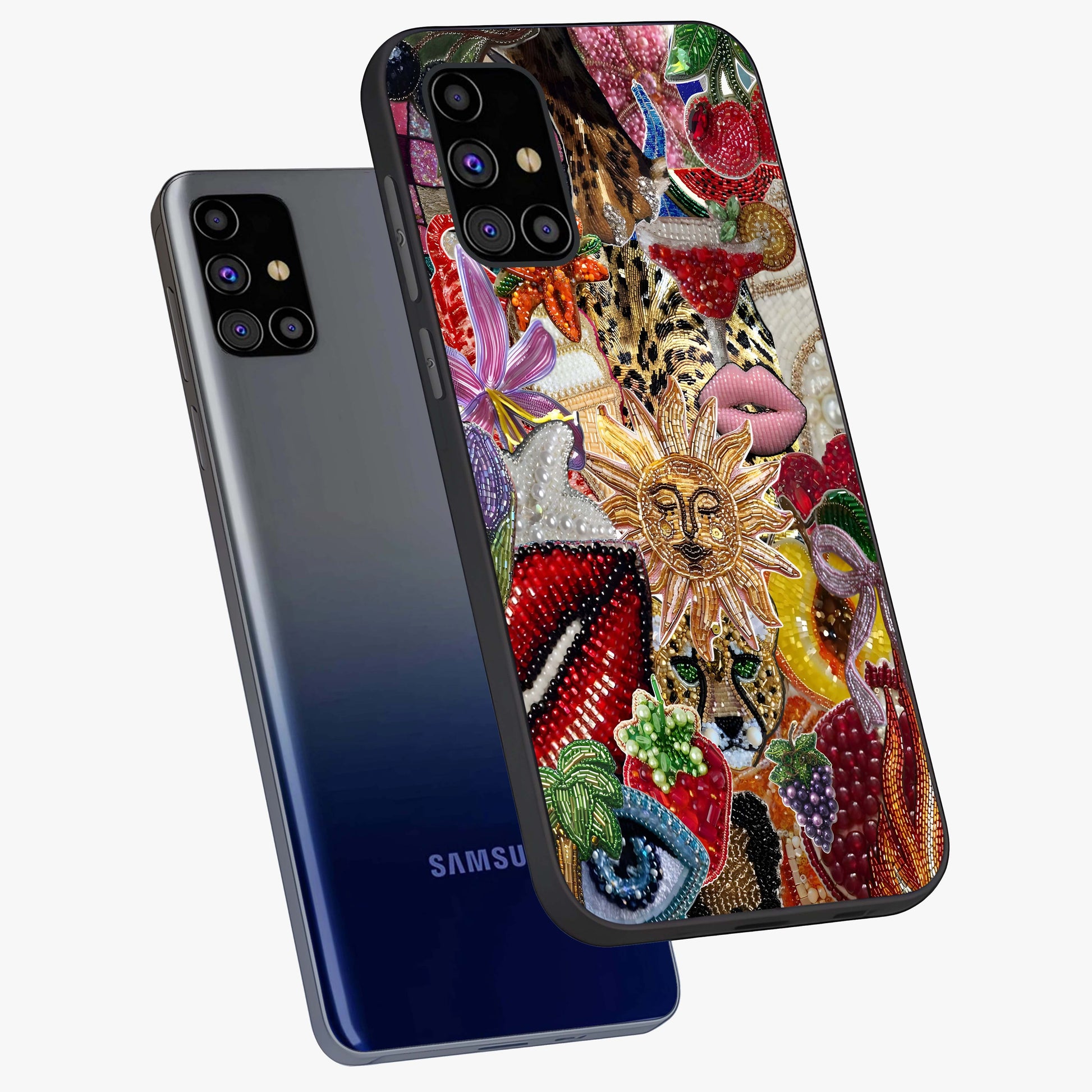 Beaded Fashion Jungle Glass Case displayed in angled mockup highlighting colorful fashion bead design and artistic pattern.