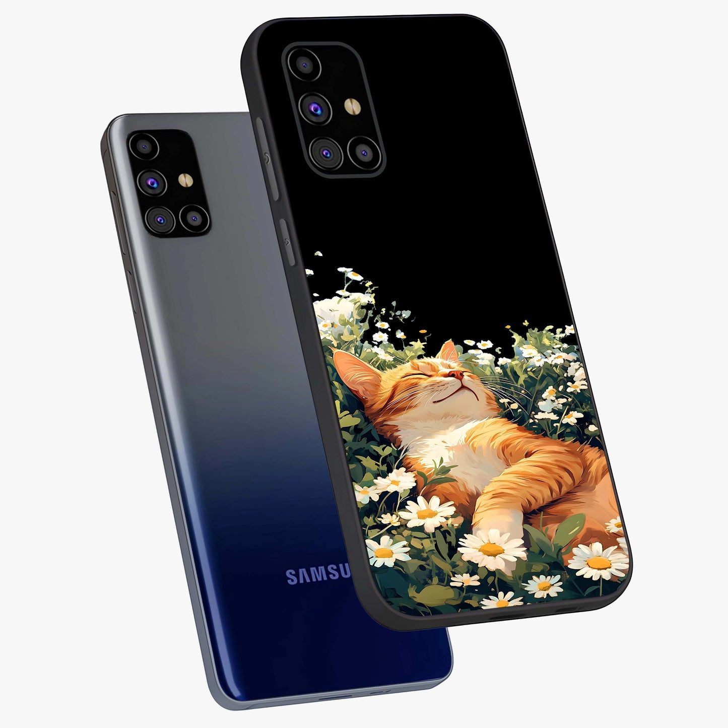 Blissful Bloom Cat Glass Case displayed in angled mockup highlighting playful feline illustration with soft floral aesthetic.