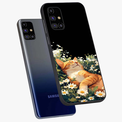 Blissful Bloom Cat Glass Case displayed in angled mockup highlighting playful feline illustration with soft floral aesthetic.