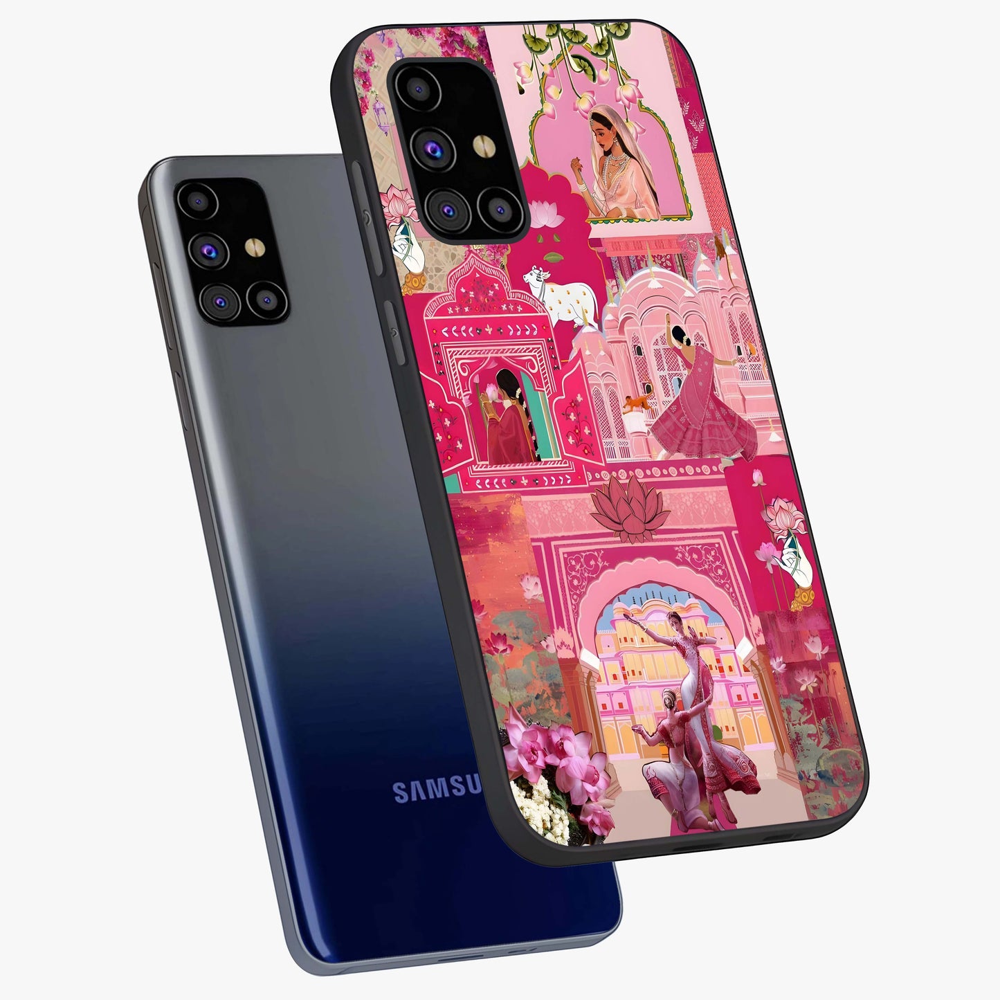 Blossoms of Rajasthan Glass Case displayed in angled mockup highlighting vibrant floral pattern with cultural aesthetic style.