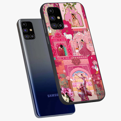 Blossoms of Rajasthan Glass Case displayed in angled mockup highlighting vibrant floral pattern with cultural aesthetic style.