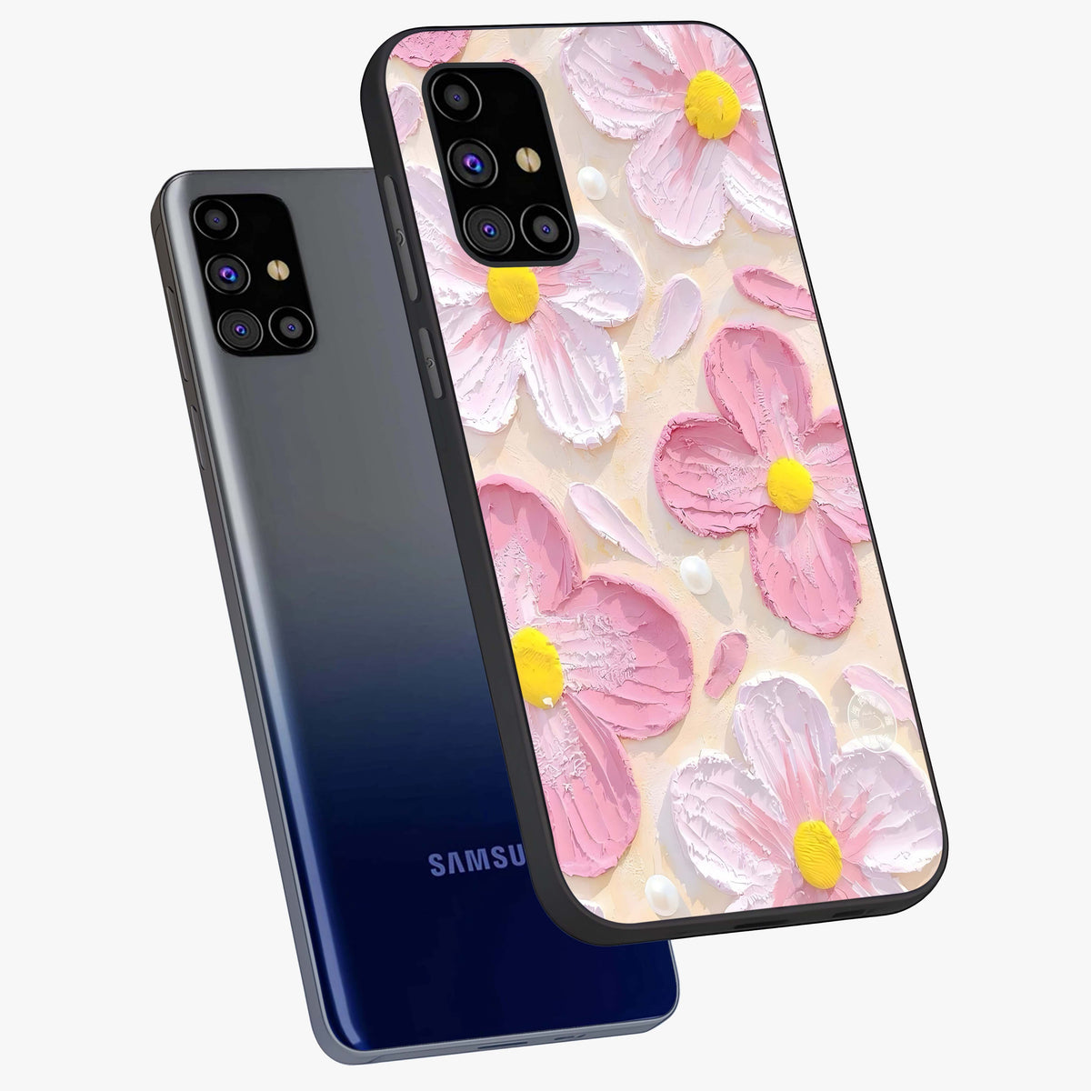Blush Bloom Texture Glass Case displayed in angled mockup highlighting subtle bloom pattern with aesthetic pastel design.