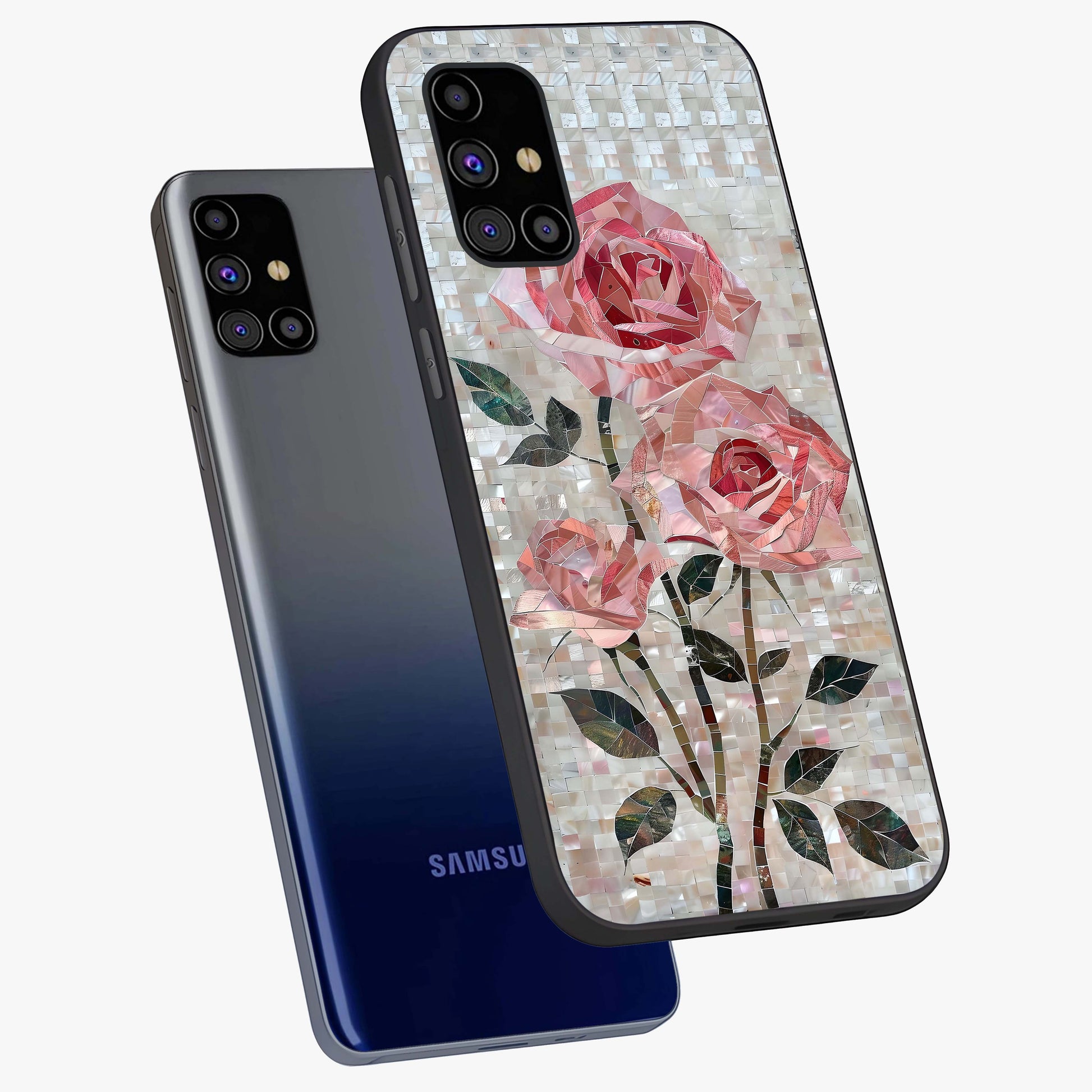 Blush Mosaic Bloom Glass Case displayed in angled mockup highlighting artistic mosaic flower pattern with aesthetic design.