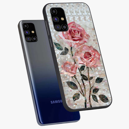Blush Mosaic Bloom Glass Case displayed in angled mockup highlighting artistic mosaic flower pattern with aesthetic design.